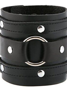 Mens Womens Punk Leather Bracelet Wide Cuff Adjustable Biker Rock Black Strap